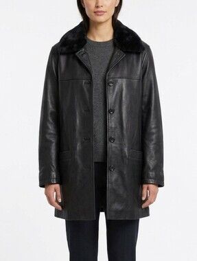 Leather black button jacket Nuage CGC collection faux fur collar Buttery Soft